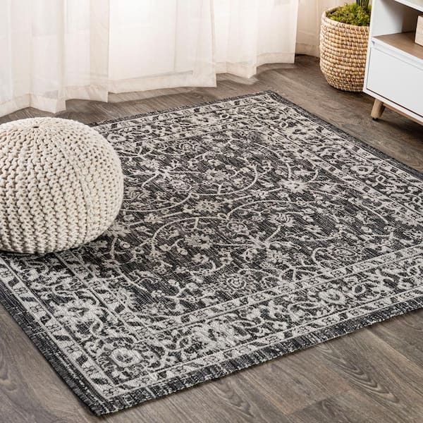 JONATHAN Y Palazzo Black/Gray 5 ft. Vine and Border Textured Weave Square Indoor/Outdoor Area Rug