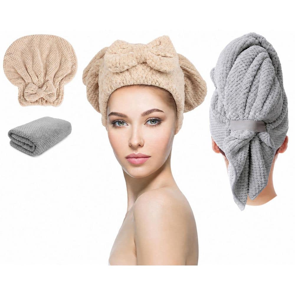 Khaki and Grey Microfiber Hair Towel Wrap Set, Super Absorbent Quick Dry Turbans for Curly Hair, 2 Pack