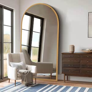 38 in. W x 71 in. H Wood Frame Arched Floor Mirror, Bedroom Living Room Wall Mirror in Gold