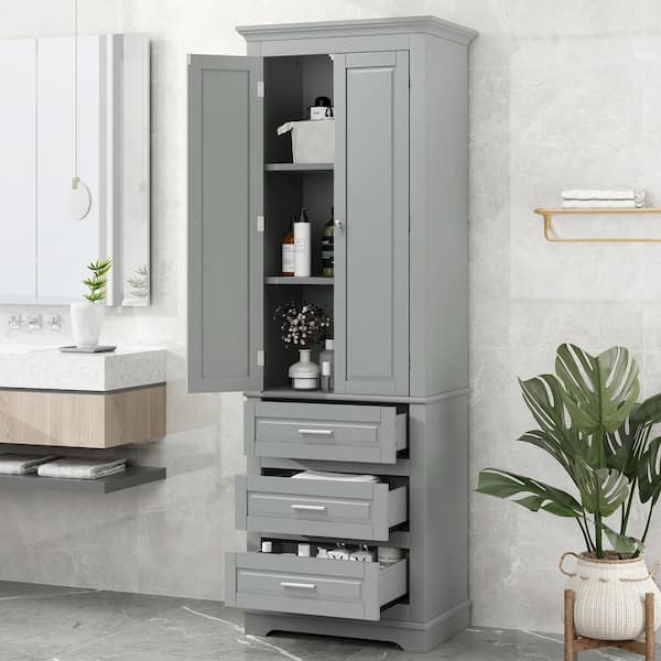 Nestfair 24 in. W x 15.7 in. D x 70 in. H Gray Wood Linen Cabinet with 3 Drawers