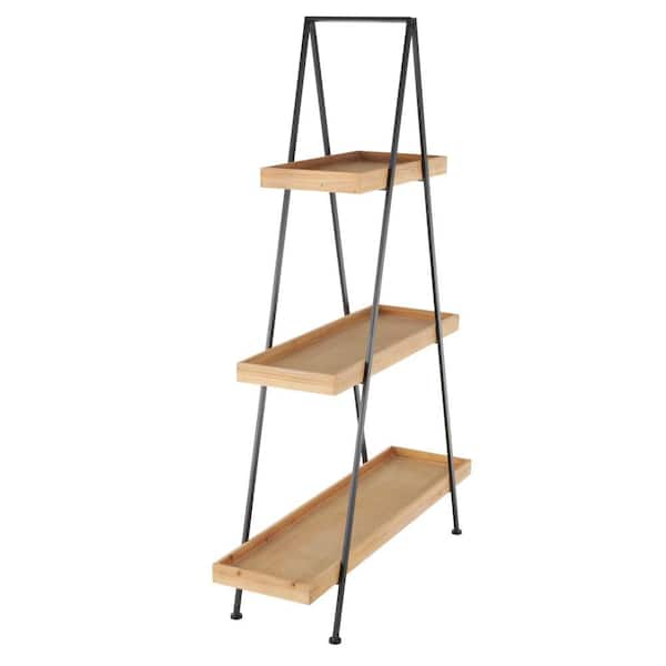 Litton Lane 60 in. Tall Black Metal Stationary Shelving Unit Bookcase with Black Metal Triangle Frame