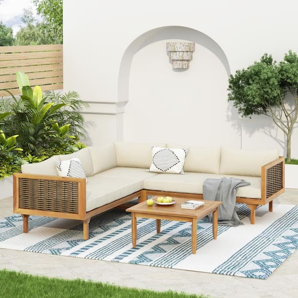 CHRISTOPHER KNIGHT HOME Daniela Rustic 4-Piece Outdoor Teak Finish Solid Wood and Wicker L-Shape Patio Conversation Set with Beige Cushions