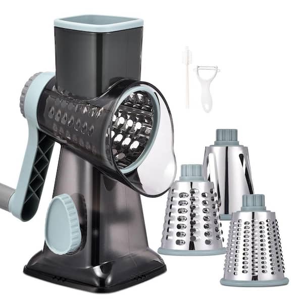 Stainless Steel Rotary Cheese Grater with 3 Interchangeable Blades for Shredding Slicing and Grating (Grey Blue)