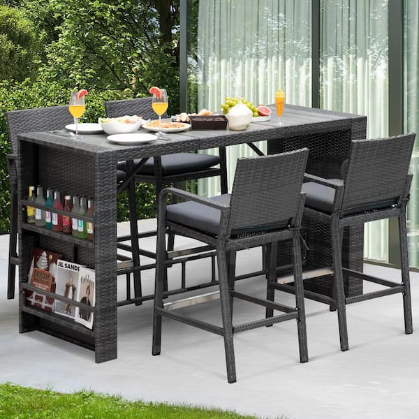 Unbranded Gray 5-Piece PE Wicker Rectangular Bar Height Outdoor Serving Bar Set Patio Dining Set with Dark Gray Cushions
