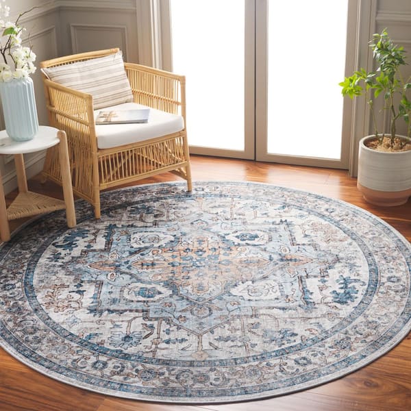 Orlando 7 ft. x 7 ft. Round Blue/Beige Distressed Medallion Washable Area Rug