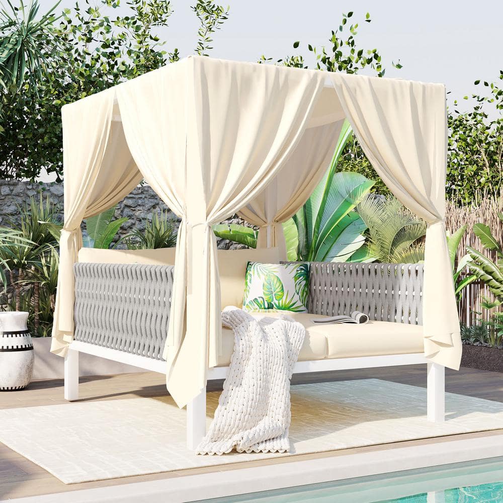 Cesicia Beige Metal Outdoor Day Bed with Beige Curtains Beige Cushions ...