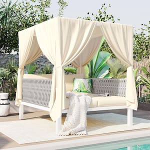 Beige Metal Outdoor Day Bed with Beige Curtains Beige Cushions Suitable for Multiple Scenarios