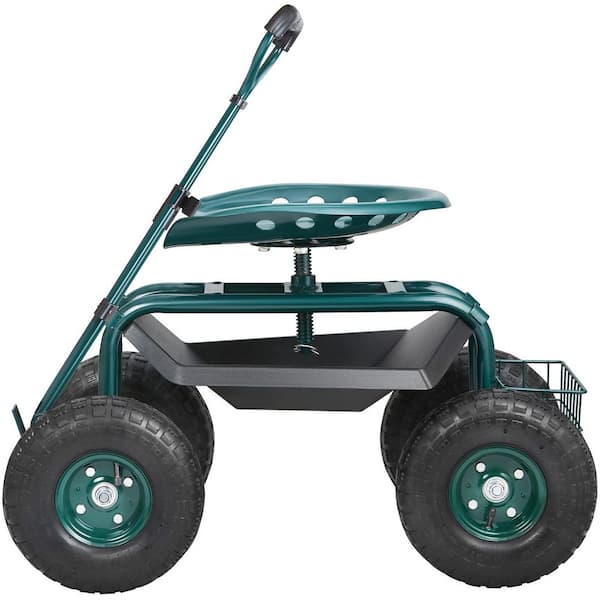 Garden Cart Work Seat, Metal Gardening Stool with Wheels, Steering Handle and Utility Tool Tray for Planting Patio Yard
