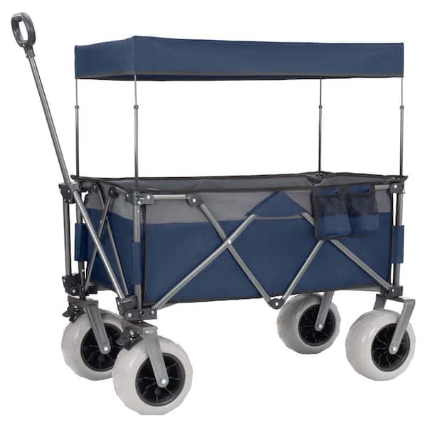 Multi-Functional Pull Folding Wagon Cart with Flexible Handle & Canopy, Heavy Duty Utility Cart with 9"x4" Beach Tires f