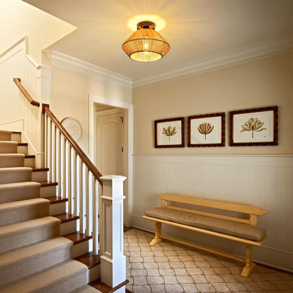 TOZING 12 in. 1-Light Farmhouse Rustic Natural Hand Woven Rattan Caged Semi-Flush Mount Ceiling Light for Living Room