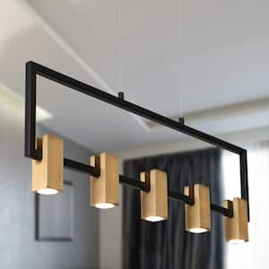 Integrated LED 5-Light Brass-Plated Linear Chandelier Modern Black Kitchen Island Pendant Light Farmhouse Light Fixture