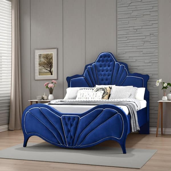 Benjara Blue Wood Frame Queen Size Panel Bed with Button Tufted