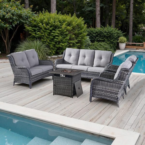 Pocassy 5-Piece Gray Wicker Outdoor Patio Fire Pit Seating Set with CushionGuard Gray Cushions