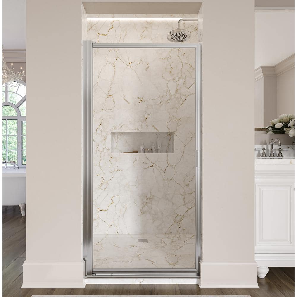 Sopora 34.25'' Wide Silver Framed Pivot Shower Door with Clear Glass
