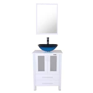 24 in. W x 20 in. D x 32 in. H Single Sink Bath Vanity in White with Ocean Blue Vessel Sink Top ORB Faucet and Mirror