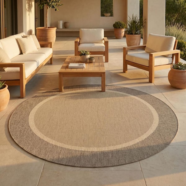 Recife Stria Texture Tan-Brown 8 ft. x 8 ft. Flatwoven Solid Round Indoor/Outdoor Area Rug