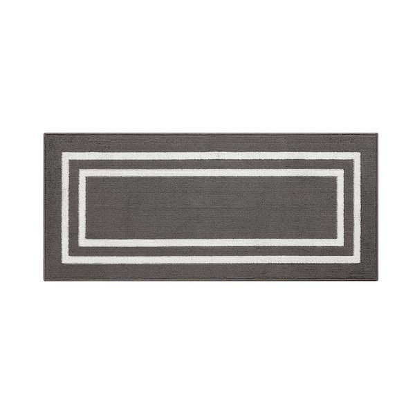 Double Line Dark Gray/White 2 ft. x 5 ft. Tufted Border Polypropylene Runner Rug