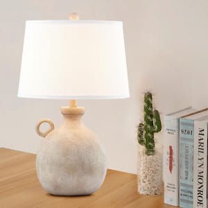 Cleveland 24 in. Brown Resin Traditional Urn Table Lamp with White Linen Shade and USB Port