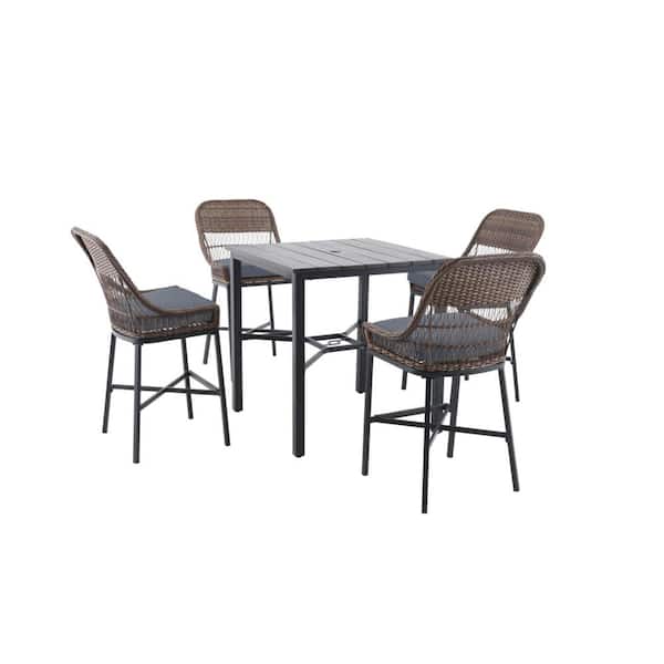 Hampton Bay Beacon Park 5-Piece Brown Wicker Outdoor Patio High Dining Set with CushionGuard Steel Blue Cushions