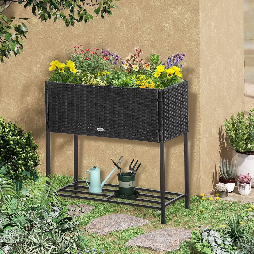 Black Rectangular Rattan Wicker Elevated Garden Bed with Tool Shelf
