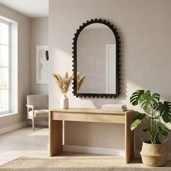 Black 39 in. W x 24 in. H Wood Beaded Arch Framed Mirror