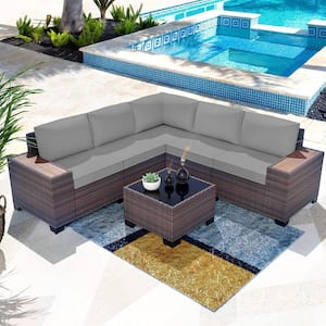 6-Piece Wicker Outdoor Sectional Set with Gray Cushion