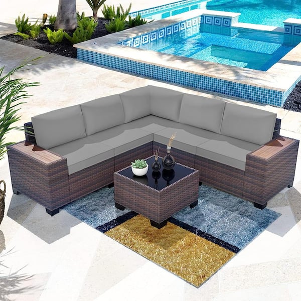 Halmuz 6-Piece Wicker Outdoor Sectional Set with Gray Cushion