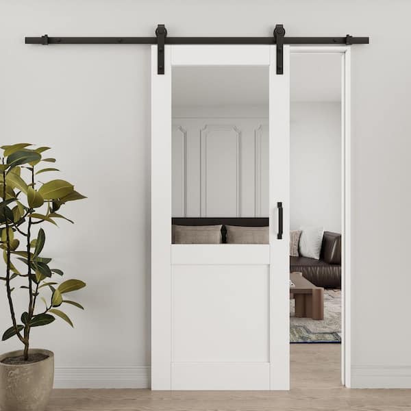 32 in. x 80 in. 1/2-Lite Mirrored Glass White Primed Sliding Barn Door with Hardware Kit