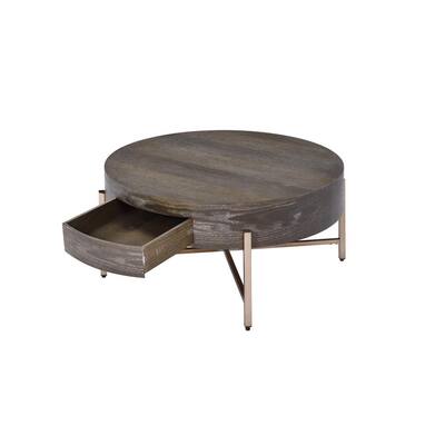 32 in. Dark Oak/Champagne Medium Round Wood Coffee Table with Drawers