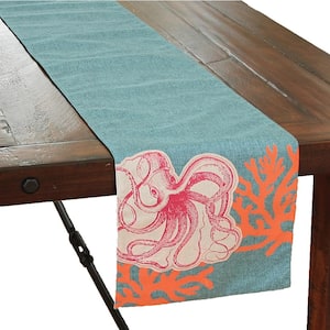 Sea Life 13.5 in. x 72 in. Blue Applique Octopus With Print Coral Coastal Table Runner