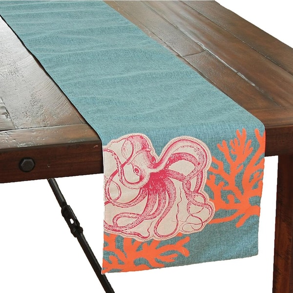 Xia Home Fashions Sea Life 13.5 in. x 72 in. Blue Applique Octopus With Print Coral Coastal Table Runner