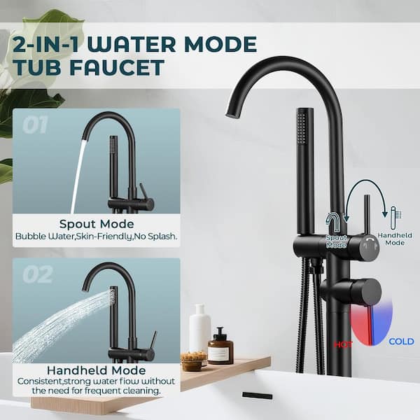 Double-Handle Claw Foot Tub Faucet Freestanding Floor Mount Roman Tub Faucet with Waterfall Spout in Matte Black