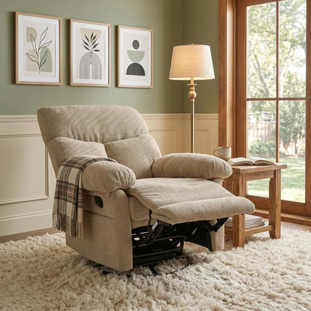 Modern Camel Manual Swivel Rocker Recliner with Plush Arms, Fabric