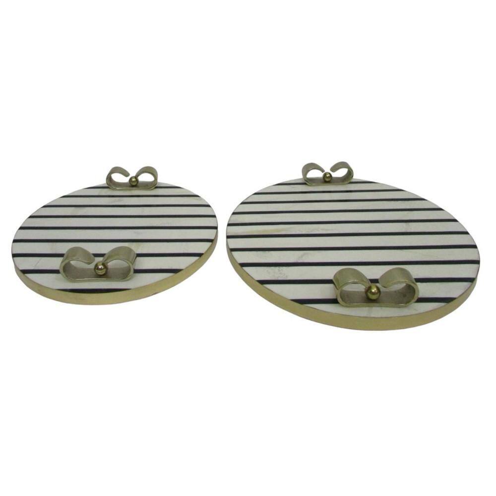 Black/White 12 in. and 14 in. Circle Resin Striped Bow Decorative Accent Trays (Set of 2)