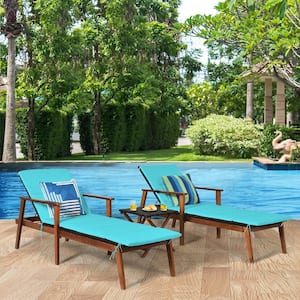 3-Piece Wood Outdoor Chaise Lounge Chair Set Acacia Wood Frame Adjustable Backrest with Turquoise Cushions