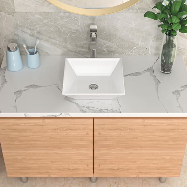 LORDEAR 16 in. x 16 in. x 5.5 in. Modern Ceramic Rectangular Porcelain Sink Bathroom Vessel Vanity Sink in White