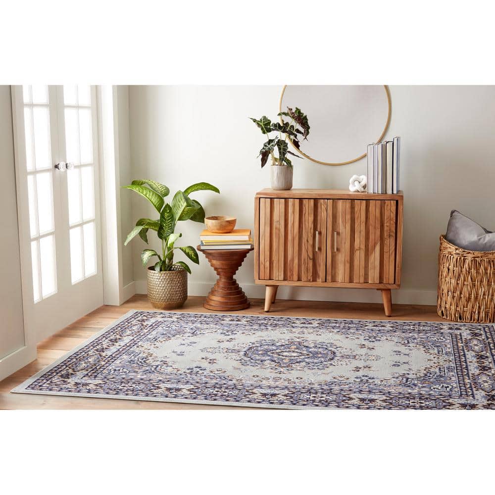 Premium Sakarya Gray and Blue Synthetic Medallion Area Rug