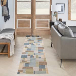 Astra Machine Washable Blue Green Multi 2 ft. x 10 ft. Geometric Contemporary Runner Area Rug