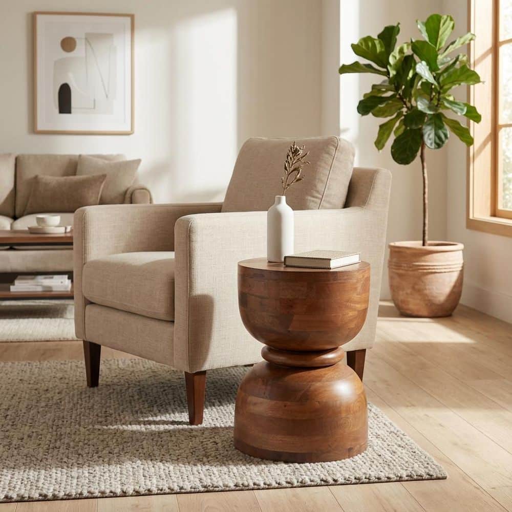 13 in. Brown Round Wood Polished Mango Accent End Table
