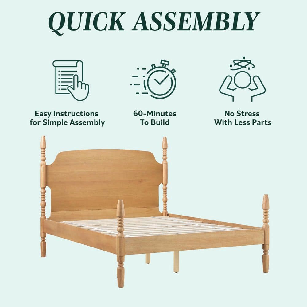Natural Solid Wood Queen Spindle Bed Frame with Upholstered Headboard