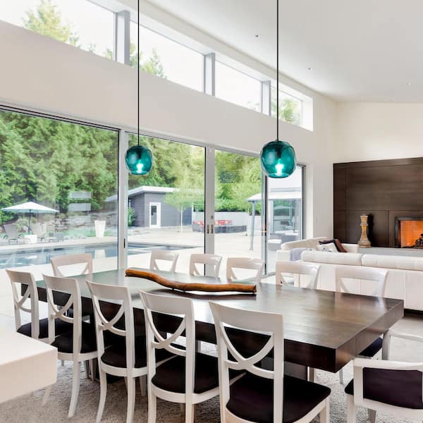 River of Goods Selene 40-Watt 1-Light Black Metal Pendant Light with Teal Hand Blown Globe Glass Shade