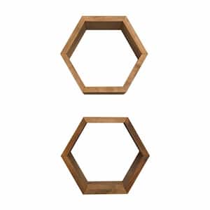 Hexagon 4 in. x 11.75 in. x 10.13 in. Walnut Floating Wall Shelves 2-Pack