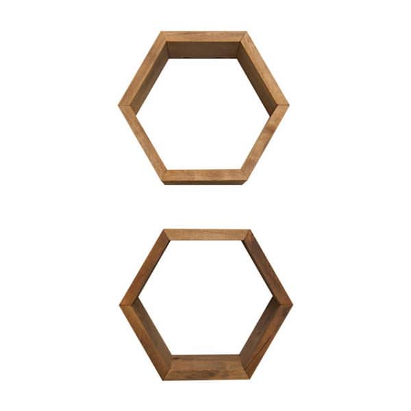 TRINITY Hexagon 4 in. x 11.75 in. x 10.13 in. Walnut Floating Wall Shelves 2-Pack
