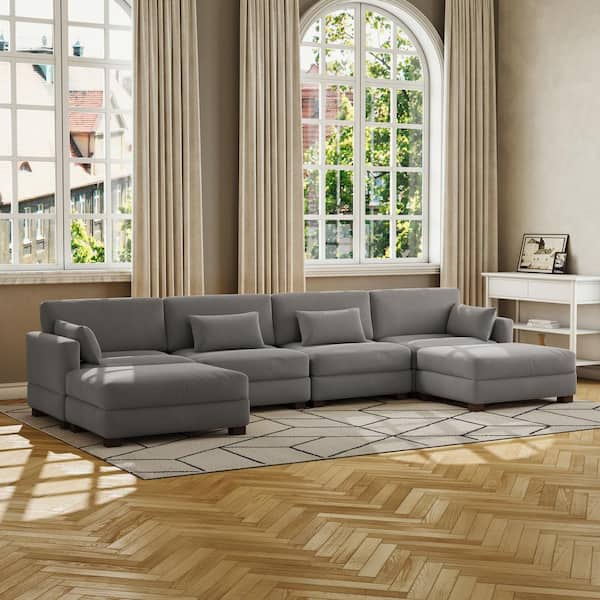160 in. Square Arm 6-piece Corduroy Upholstered U-Shaped Sectional Sofa in Light Gray