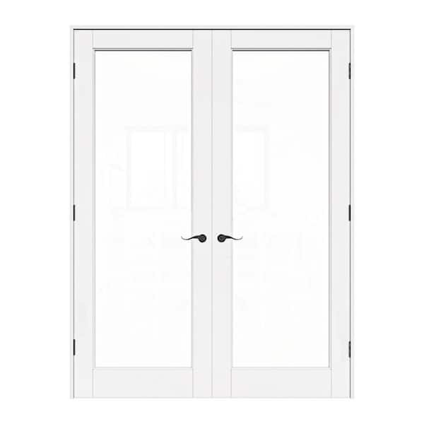 56 in. x 80 in. Universal 1-Lite Clear Glass White Solid Core MDF Double Prehung French Door with Quick Assemble Jamb