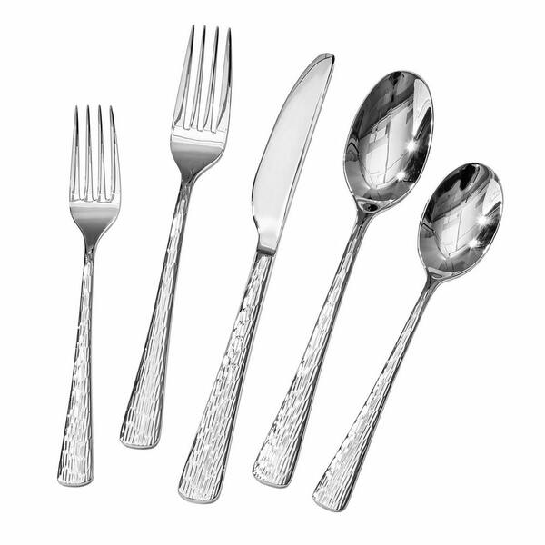 Stainless Steel 1-Piece Hammered Flatware Set for 12, 18/10 Silverware with Ripple Handle Mirror Polish