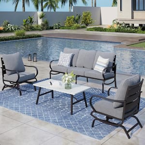 Metal 5 Seat 4-Piece Steel Outdoor Patio Conversation Set With Rocking Chairs, Gray Cushions, Marble Pattern Table