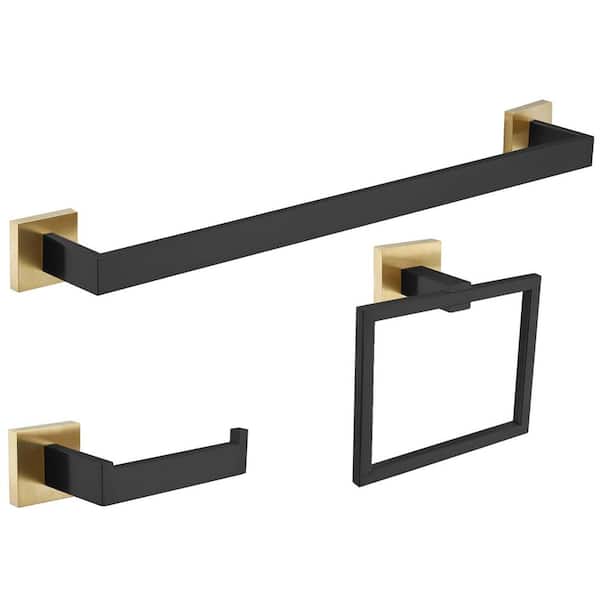 3-Piece Bath Hardware Set bathroom set with towel bar for bathroom wall Toilet Paper Holder and Towel Ring in Gold Black