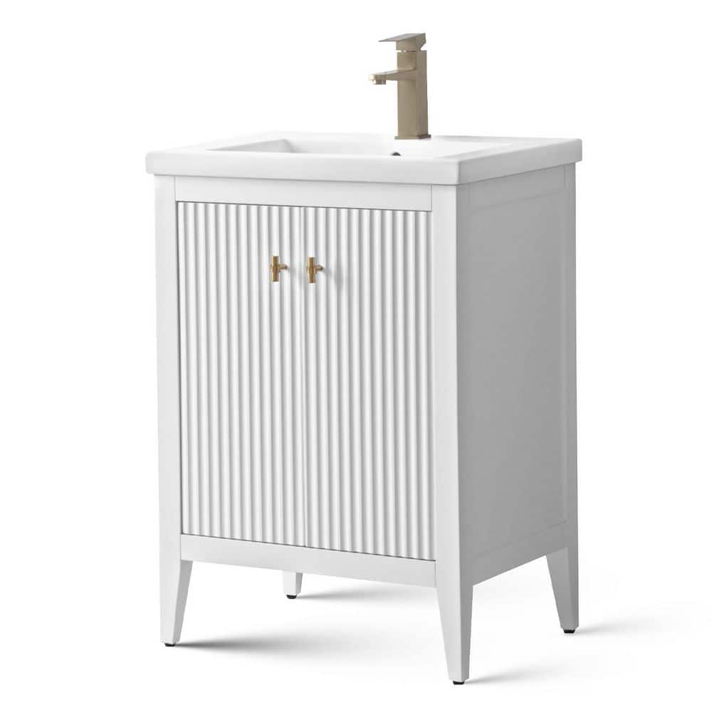 White and Gold Freestanding Single Bathroom Vanity with Ceramic Top