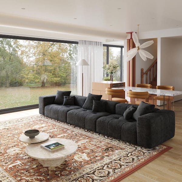 3-Piece Black Linen Oversized 144 in. W Sectional Sofa Modular Free Combination Living Room Set